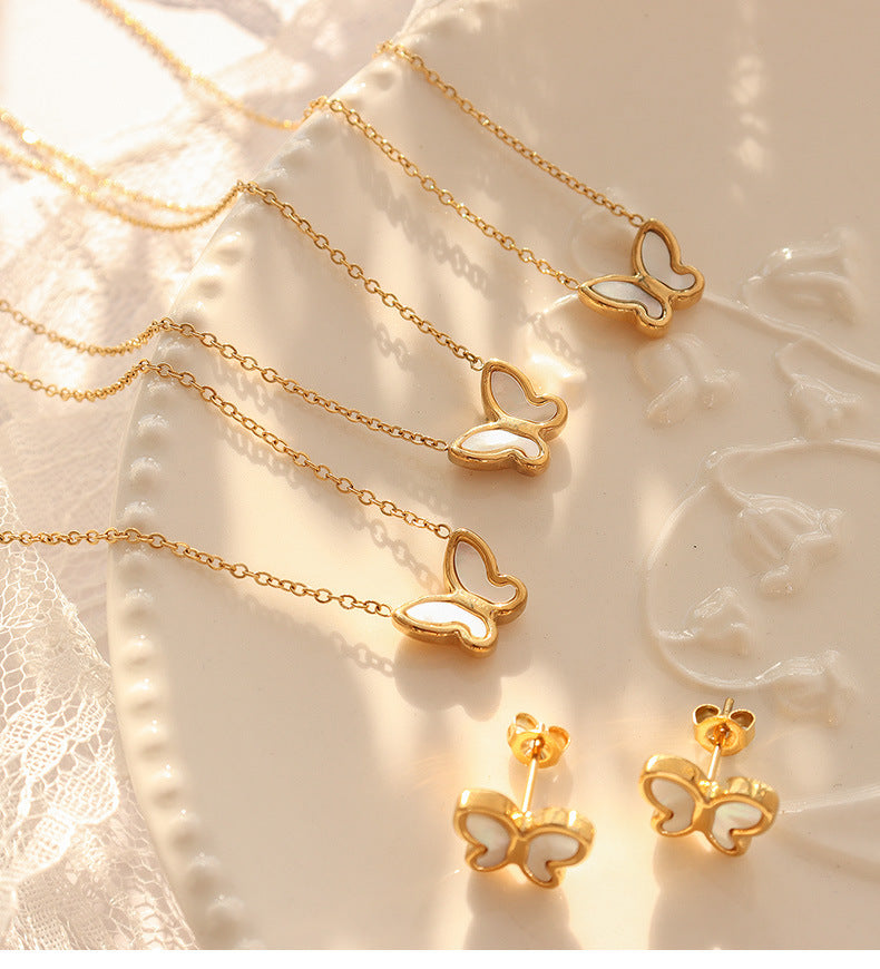 18k Gold Simple Butterfly White Seashell Design Necklace Earrings Set 90b1bd51-2c3b-4b60-a152-049f6ec3290b Artshiney
