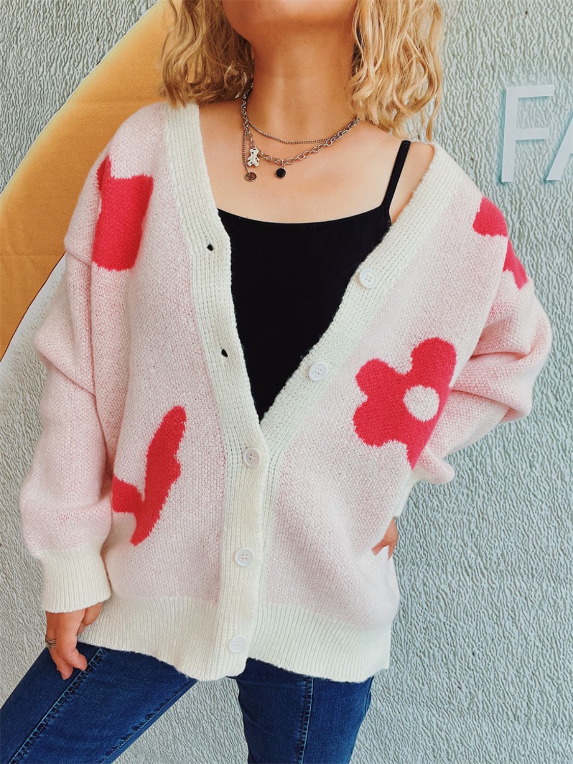 Flower Button Down V-Neck Long Sleeve Cardigan 90e0e47d-0286-4226-b6c6-58dac34f2a4c-Max Glownestbest