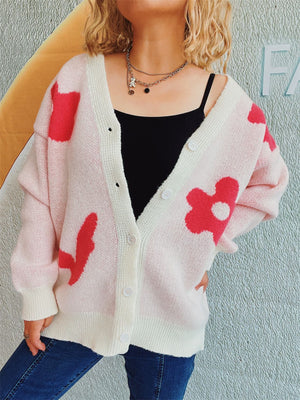 Flower Button Down V-Neck Long Sleeve Cardigan 90e0e47d-0286-4226-b6c6-58dac34f2a4c-Max Glownestbest