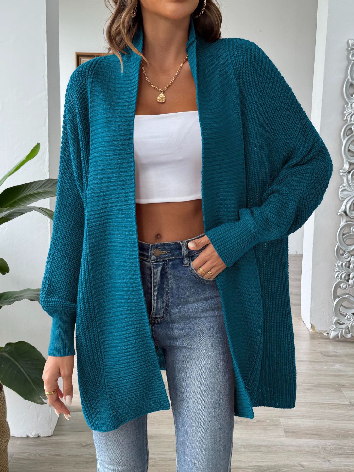 Open Front Long Sleeve Cardigan Deep Teal One Size 90f6c3f4-eb87-471e-a425-470627f47a56-Max Glownestbest