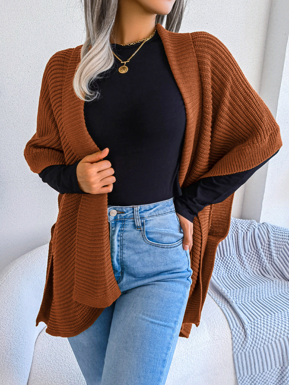 Glownestbest® | Horizontal Ribbing Open Front Slit Cardigan 91156624639b48d88454f25e3a36deee-Max Glownestbest