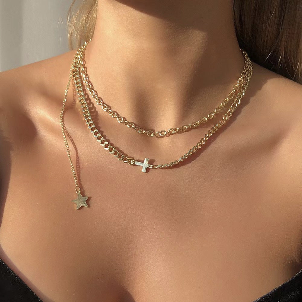 18K Gold Cross and Star Pendant Double Layer Necklace 9139e9c8-6ba1-4990-8bf6-b33c54b44a7c Artshiney