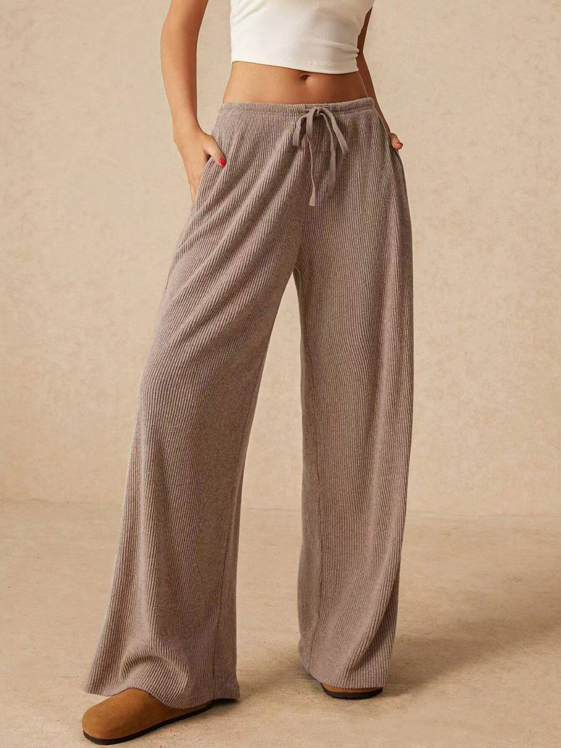 Ribbed Drawstring Wide Leg Pants 91754907-de2a-4f9d-a4da-0b8dd89e7108-Max Trendsi