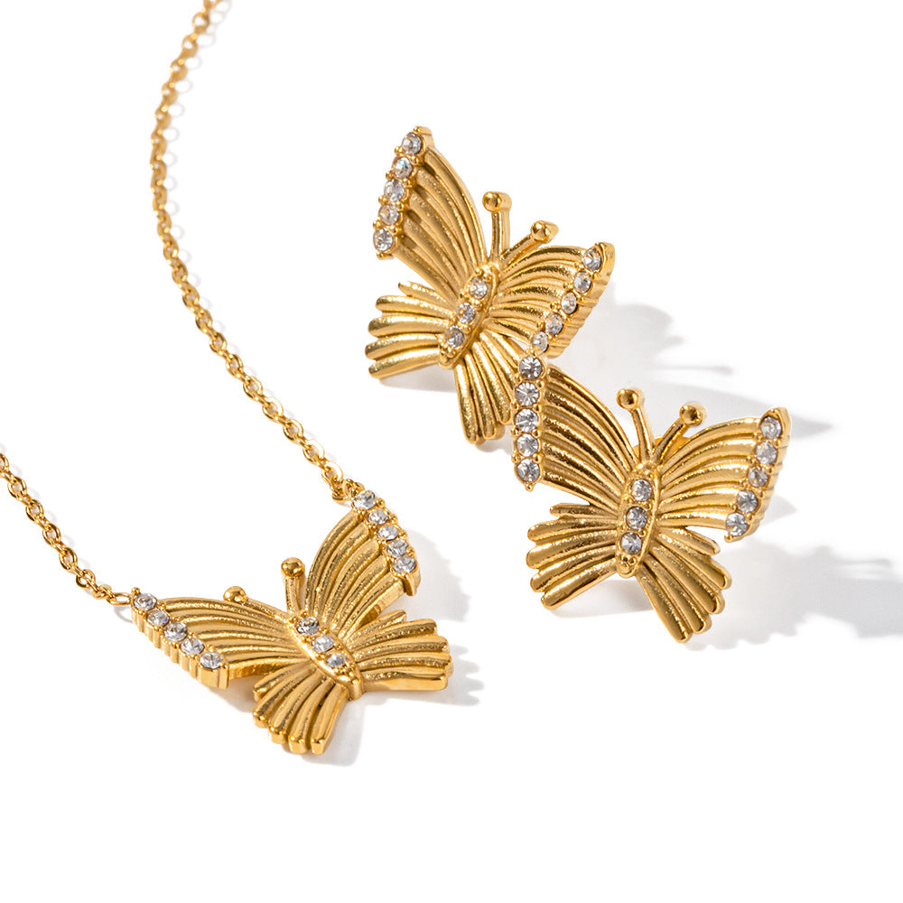 18K Gold Noble and Exquisite Butterfly Inlaid White Zircon Pendant Necklace Earrings Set 919a8d3a-2442-43ba-8dcd-65644a5d6274 Artshiney