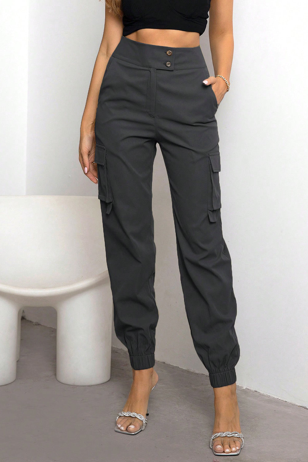High Waist Cargo Pants Charcoal 9217e0b16ce84f9bb595865f973e3f34-Max Trendsi