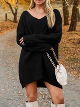 V-Neck Dropped Shoulder Sweater Dress Black 92457e3e-09c9-4c12-8fb5-77783ff54b26-Max Glownestbest