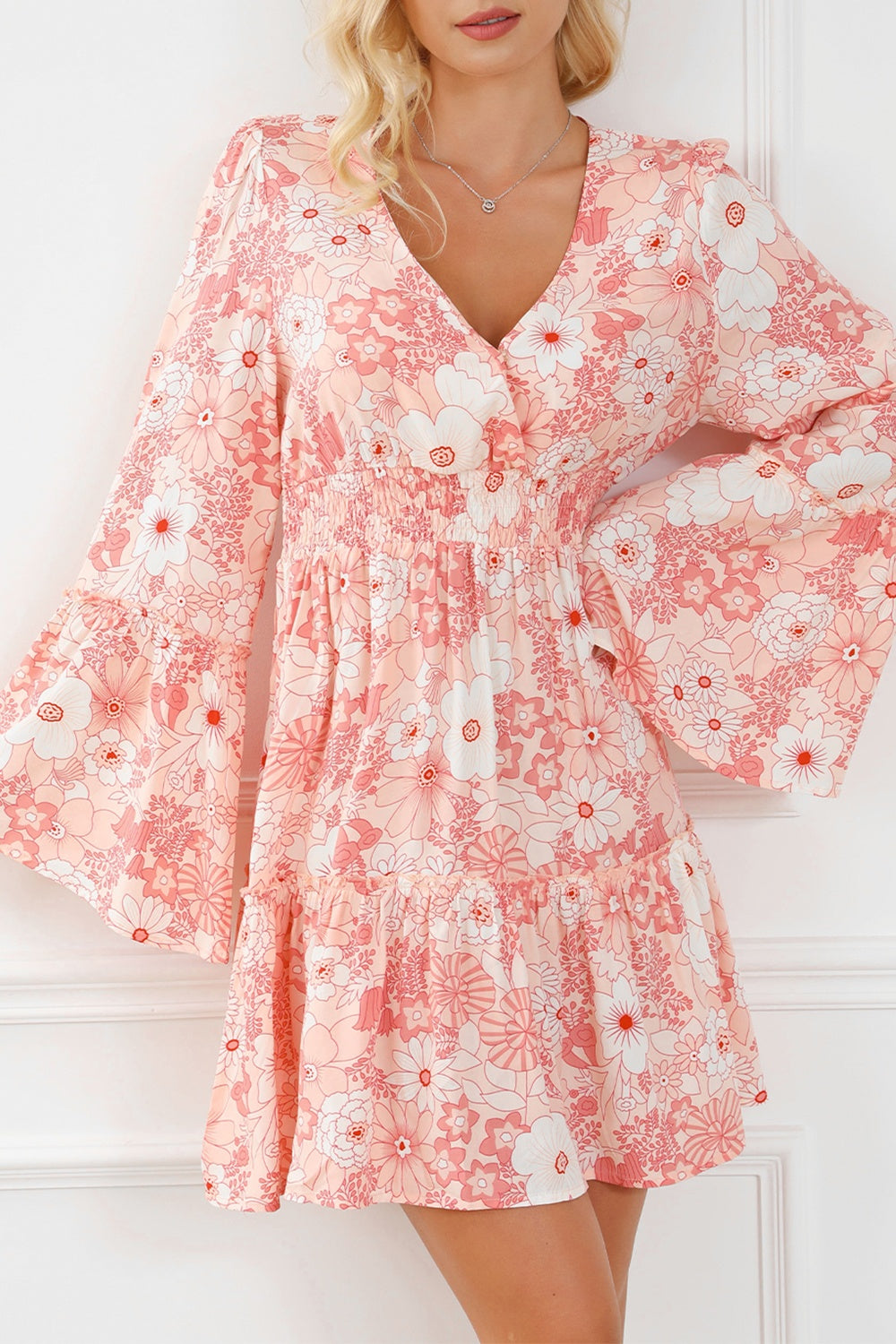 Smocked Printed Flare Sleeve Mini Dress Floral 93435ecf-e87f-459d-9338-c241850d6fa7-Max Glownestbest