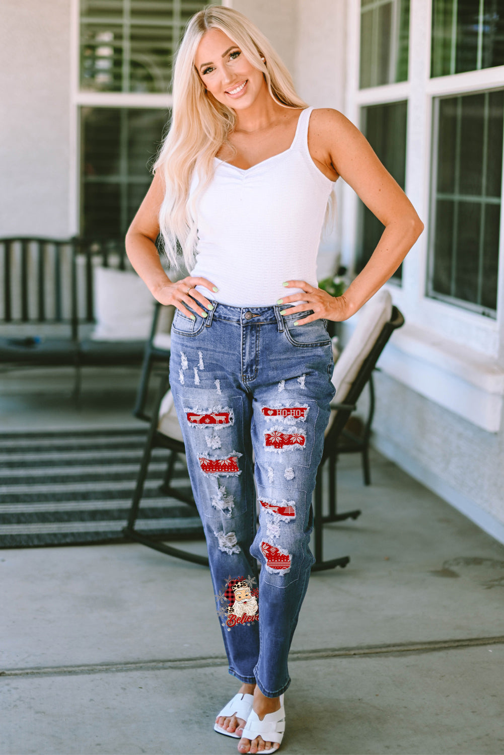 Santa Graphic Distressed Straight Jeans 940e4c4a-81c1-4ffe-8c49-99c6f663b1d0-Max Trendsi
