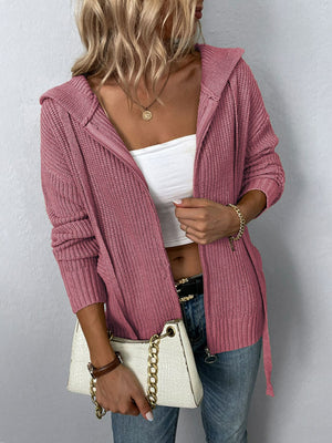 Zip-Up Drawstring Detail Hooded Cardigan Dusty Pink 943702931aeb42e9ade6e099f654aa61-Max Glownestbest