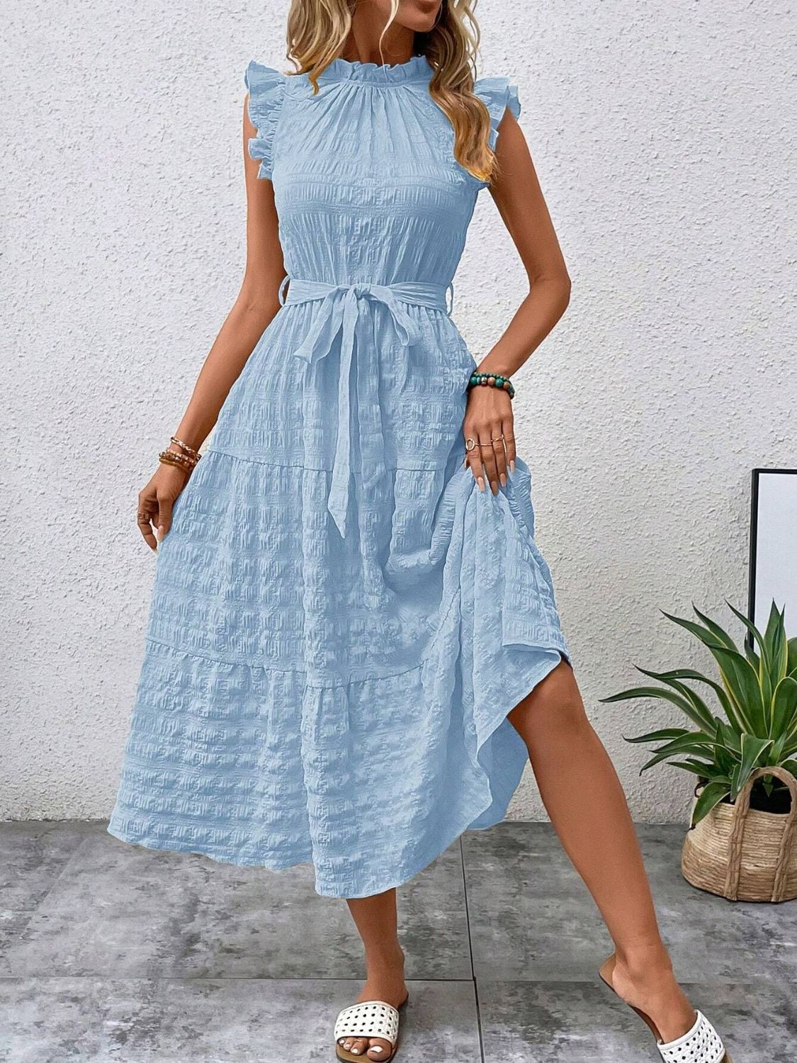 Tied Ruffled Cap Sleeve Midi Dress Mint Blue 94c8147f-4475-421a-93e2-704355c05901-Max Trendsi