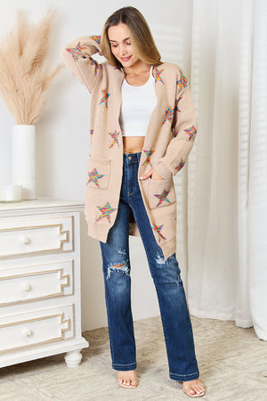 Glownestbest® | Star Pattern Open Front Longline Cardigan 94ed18dc44b647e29bb469aa1c25f1bb-Max Glownestbest