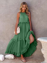 Ruffled Sleeveless Tiered Maxi Dress with Pockets Dark Green 95003d34-dfdc-4fbc-b1d7-41a051b31e4e-Min Glownestbest