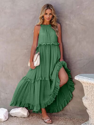 Ruffled Sleeveless Tiered Maxi Dress with Pockets Dark Green 95003d34-dfdc-4fbc-b1d7-41a051b31e4e-Min Glownestbest