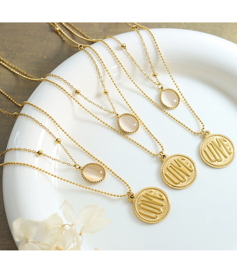 18K Gold Classic Simple LOVE Round Plate with Opal Double Layer Necklace 9503457e-b32f-42a2-a467-ef3854a3e511 Artshiney