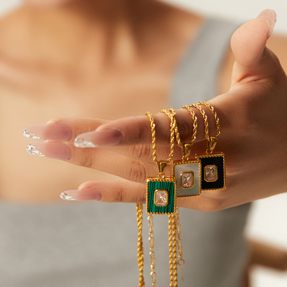 18K Gold Inlaid White Zircon Malachite Twist Chain Square Pendant Necklace 953ecbca-c371-4779-a433-62173aebb139 Artshiney