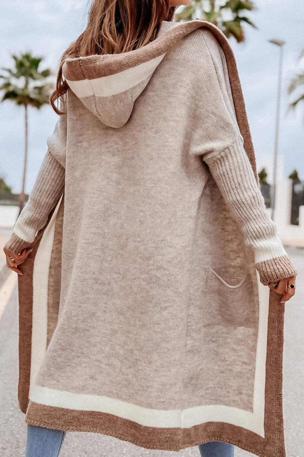 Pocketed Contrast Long Sleeve Hooded Cardigan 95923c1a-56d9-44cb-aed5-ac300b0ad64c-Max Glownestbest