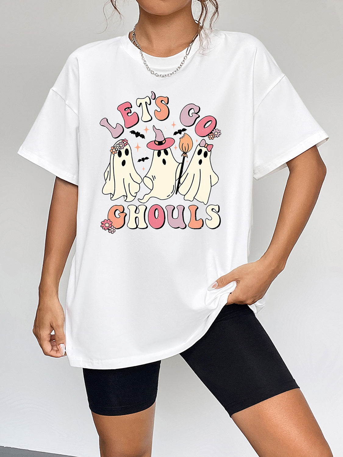 Glownestbest ® | Round Neck Short Sleeve LET'S GO GHOULS Graphic T-Shirt 95c1d28a56434bc6bfa5288563c12216-Max Glownestbest