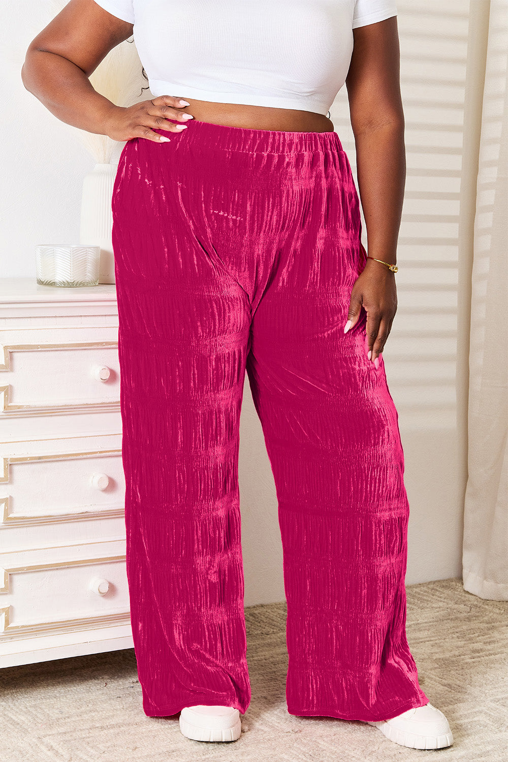 Double Take Full Size High Waist Tiered Shirring Velvet Wide Leg Pants 95df2fcccc0845948ce89500a378f2cd-Max Trendsi