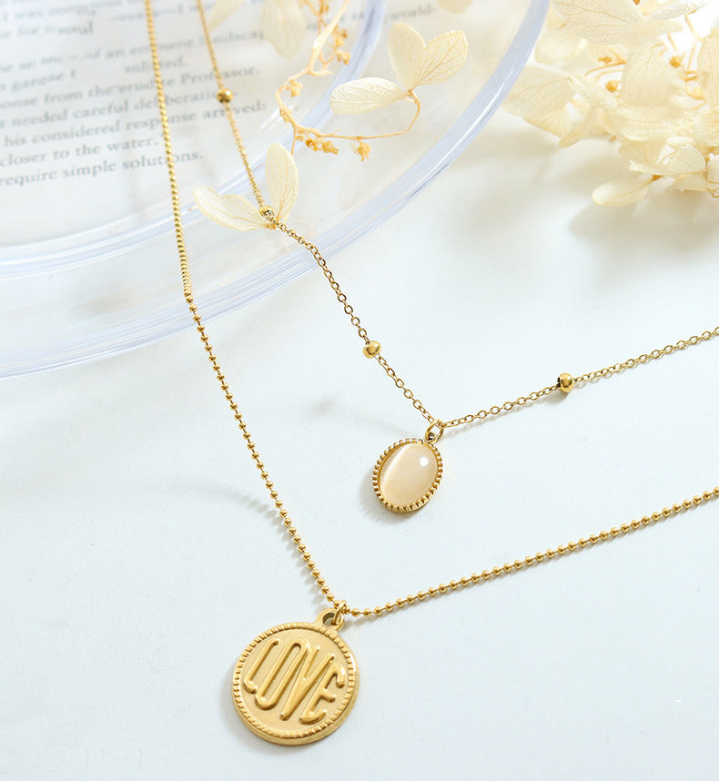 18K Gold Classic Simple LOVE Round Plate with Opal Double Layer Necklace 9673d92a-a199-4833-9d93-4e4a8f21e50e Artshiney