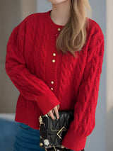 Cable-Knit Round Neck Long Sleeve Cardigan Deep Red One Size 9680d3eb-243a-400d-bf2e-efaa54b1eea8-Max Glownestbest