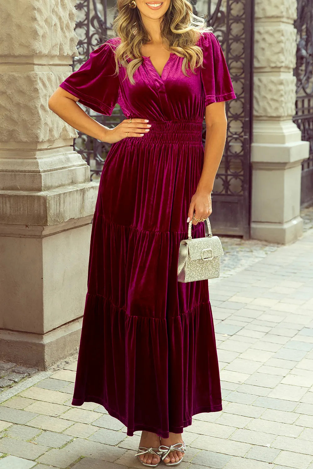 Tiered Notched Short Sleeve Dress with Pockets Cerise 96ddba09-1fae-4f3c-9cc2-45b3f40a3eeb-Max Glownestbest