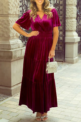 Tiered Notched Short Sleeve Dress with Pockets Cerise 96ddba09-1fae-4f3c-9cc2-45b3f40a3eeb-Max Glownestbest