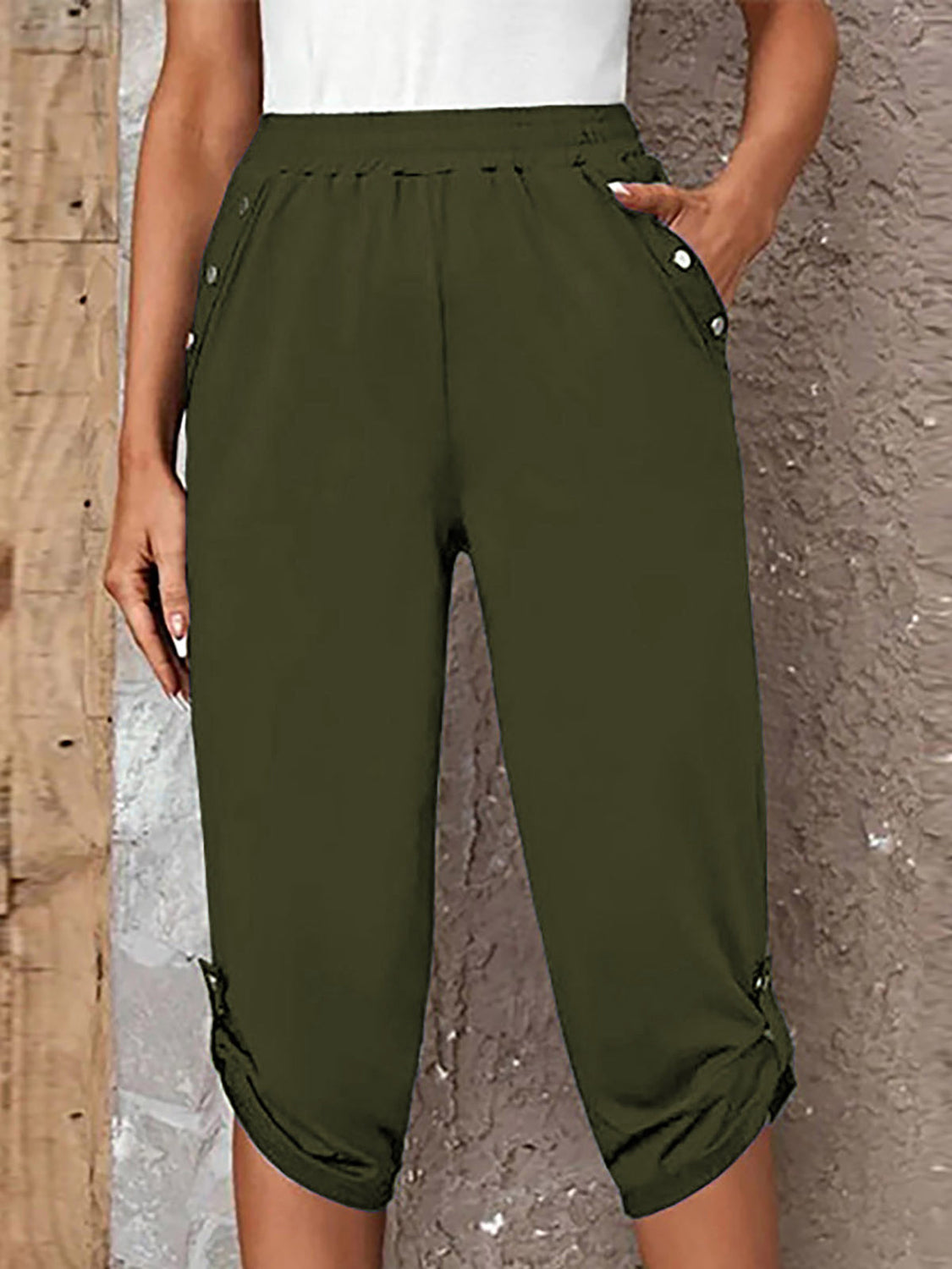 Full Size Roll-Tab Capris Pants Matcha Green 97bf16ecf8964328851a149ef5d2abd8-Max Trendsi