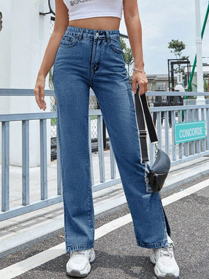 Slit High Waist Jeans with Pockets 97c5ddba-4eaa-4f3d-964e-fc4e27f6c3c4-Max Trendsi