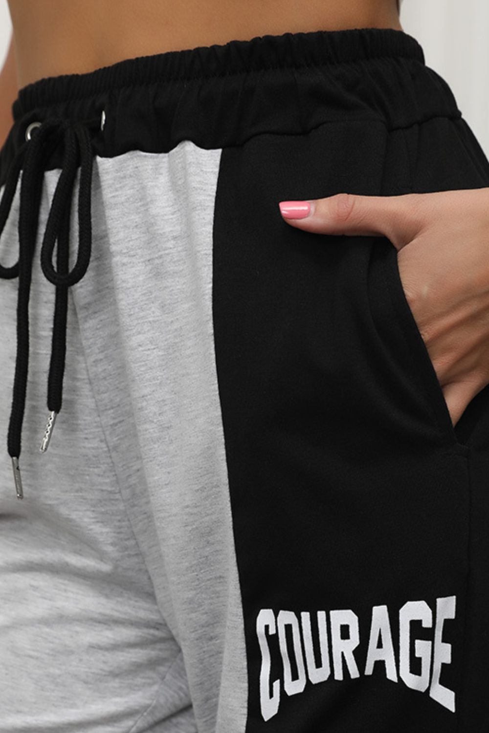 Perfee COURAGE Graphic Color Block Drawstring Joggers 97cbeaadace8440f82948c4c8045df64-Max Trendsi