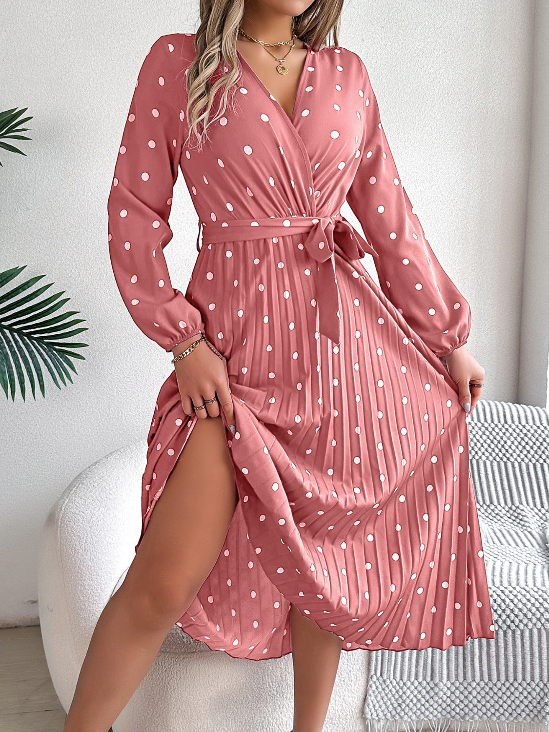Tied Polka Dot Long Sleeve Midi Dress Dusty Pink 97e6b4e6-9f55-4c36-a5a9-653650bd440f-Max Glownestbest