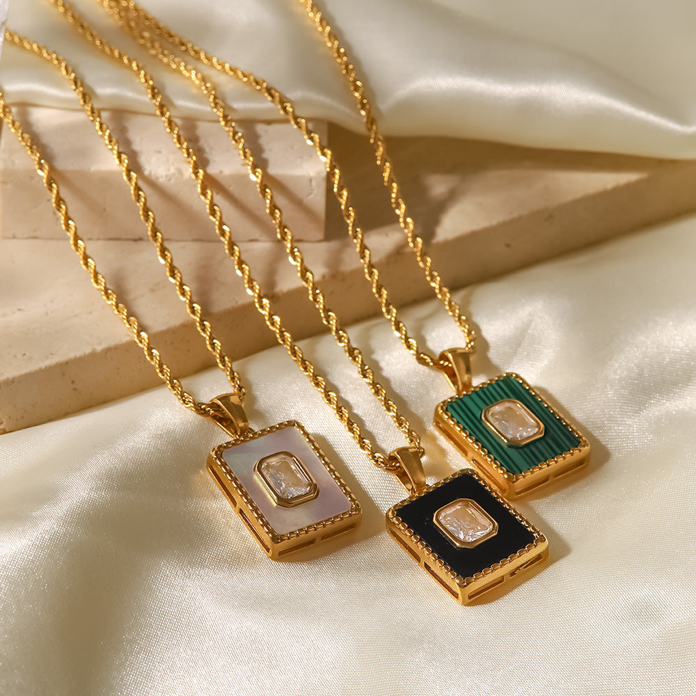 18K Gold Inlaid White Zircon Malachite Twist Chain Square Pendant Necklace 98256cef-145a-41cb-a7aa-585223a11c88 Artshiney