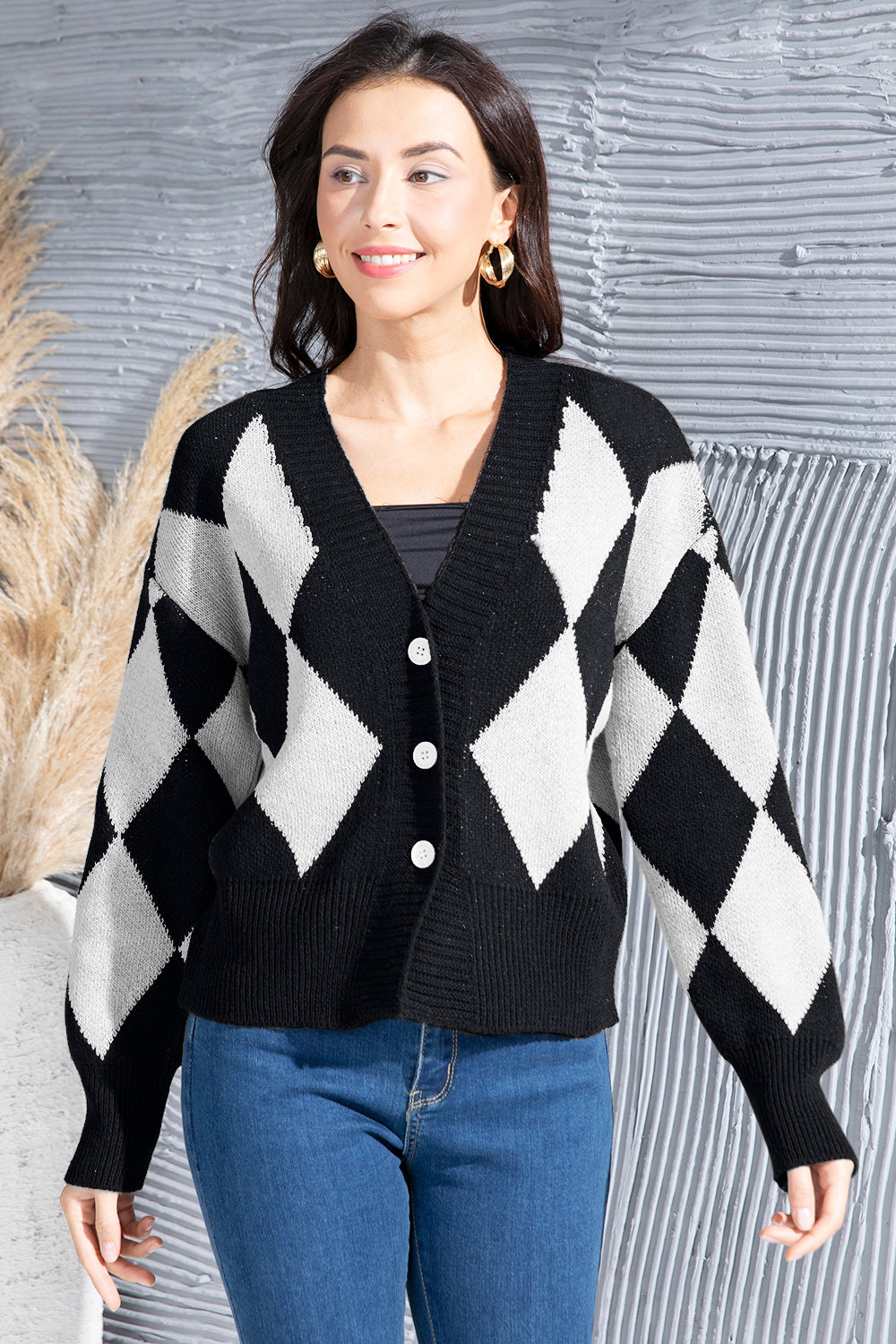 Geometric Button Up Dropped Shoulder Cardigan Black 986d122a-f32e-4ae9-bfab-4ae0e09e2f87-Max Glownestbest