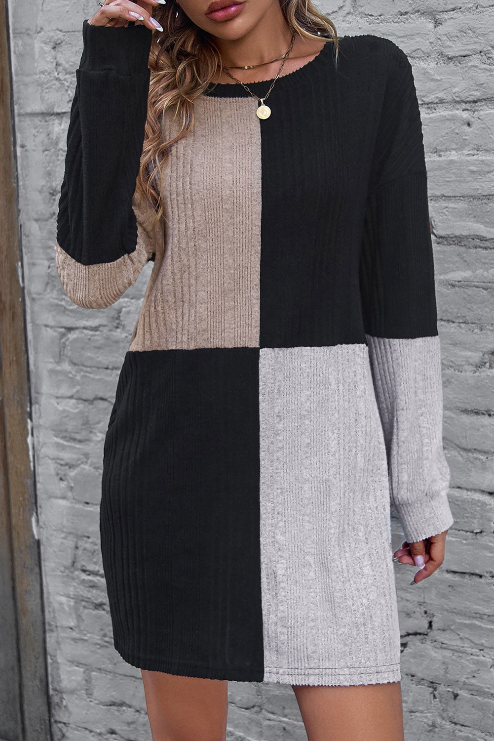 Color Block Drop Shoulder Long Sleeve Mini Dress 98a870f7-be16-44e5-9c93-bbbf86a2e769-Max Glownestbest