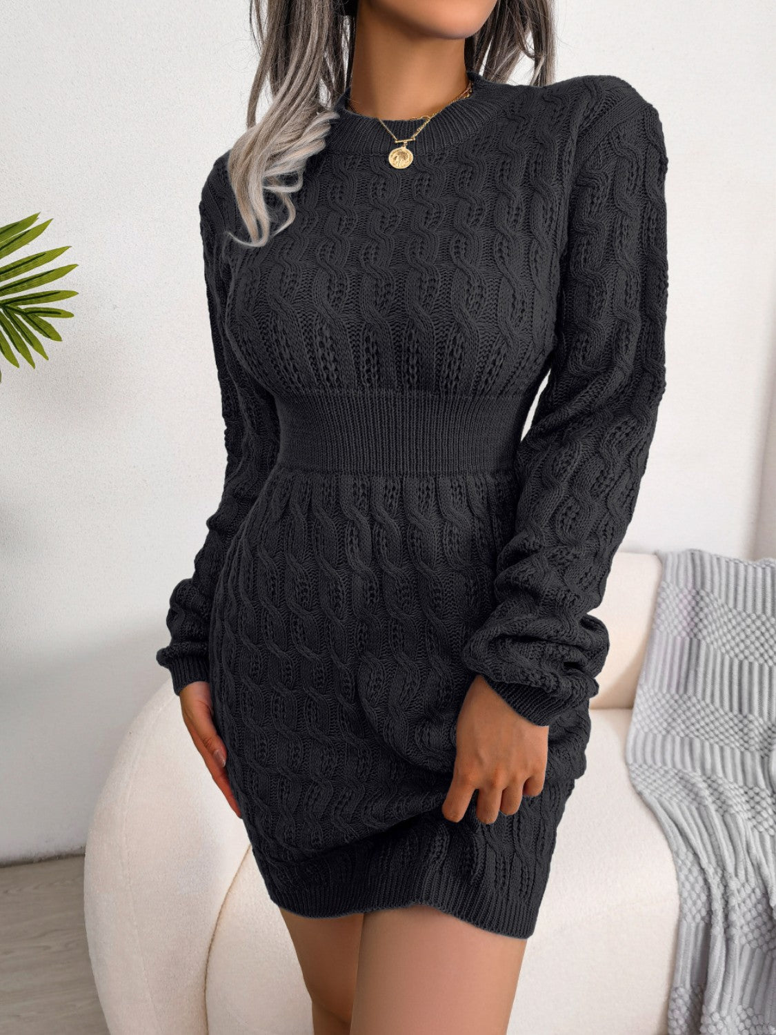 Cable-Knit Round Neck Mini Wrap Sweater Dress Black 98ab893c-2710-4643-9c09-ce908c07abcb-Max Glownestbest