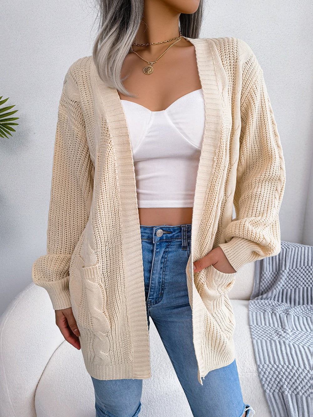 Cable-Knit Open Front Pocketed Cardigan Tan 98b7b451c13141bba2f035351346c7d4-Max Glownestbest