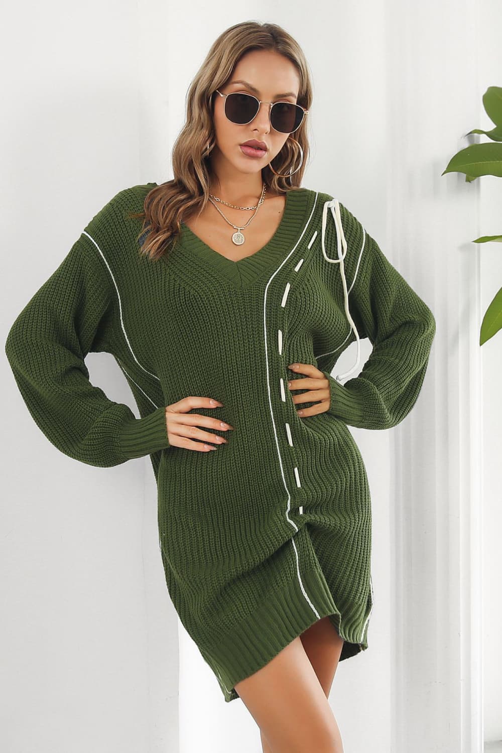 Contrast V-Neck Sweater Dress Army Green 98e46beed3414ace938e31f450f7bc2d-Max Glownestbest