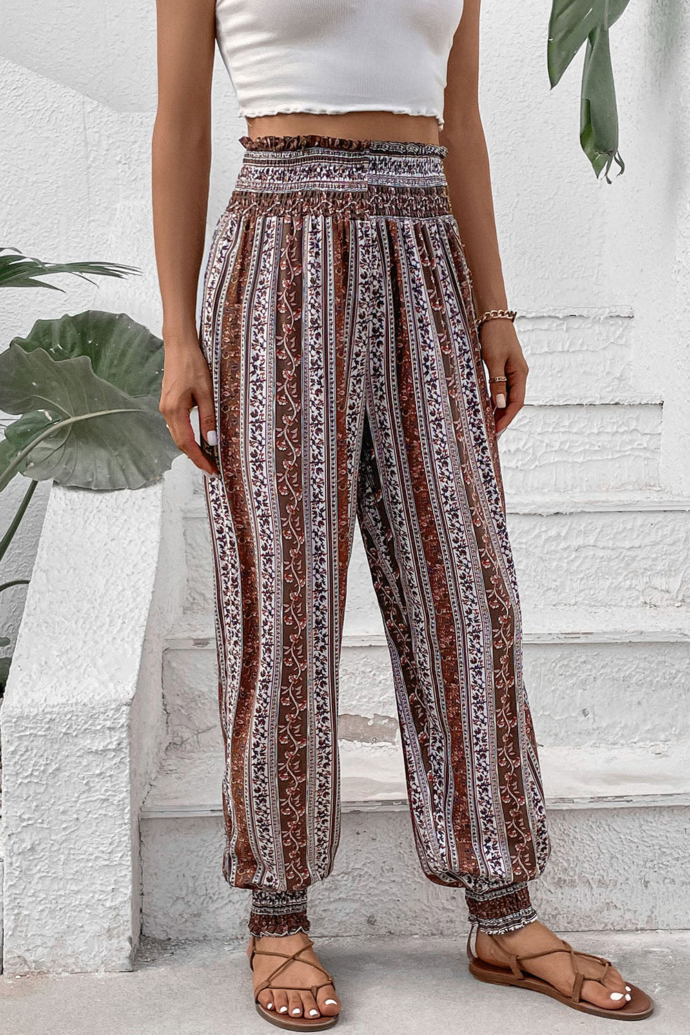 Perfee Smocked Printed High Waist Pants 993e5091-aea0-4e21-90b6-077d8d554433-Max Trendsi