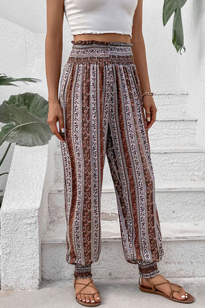 Perfee Smocked Printed High Waist Pants 993e5091-aea0-4e21-90b6-077d8d554433-Max Trendsi