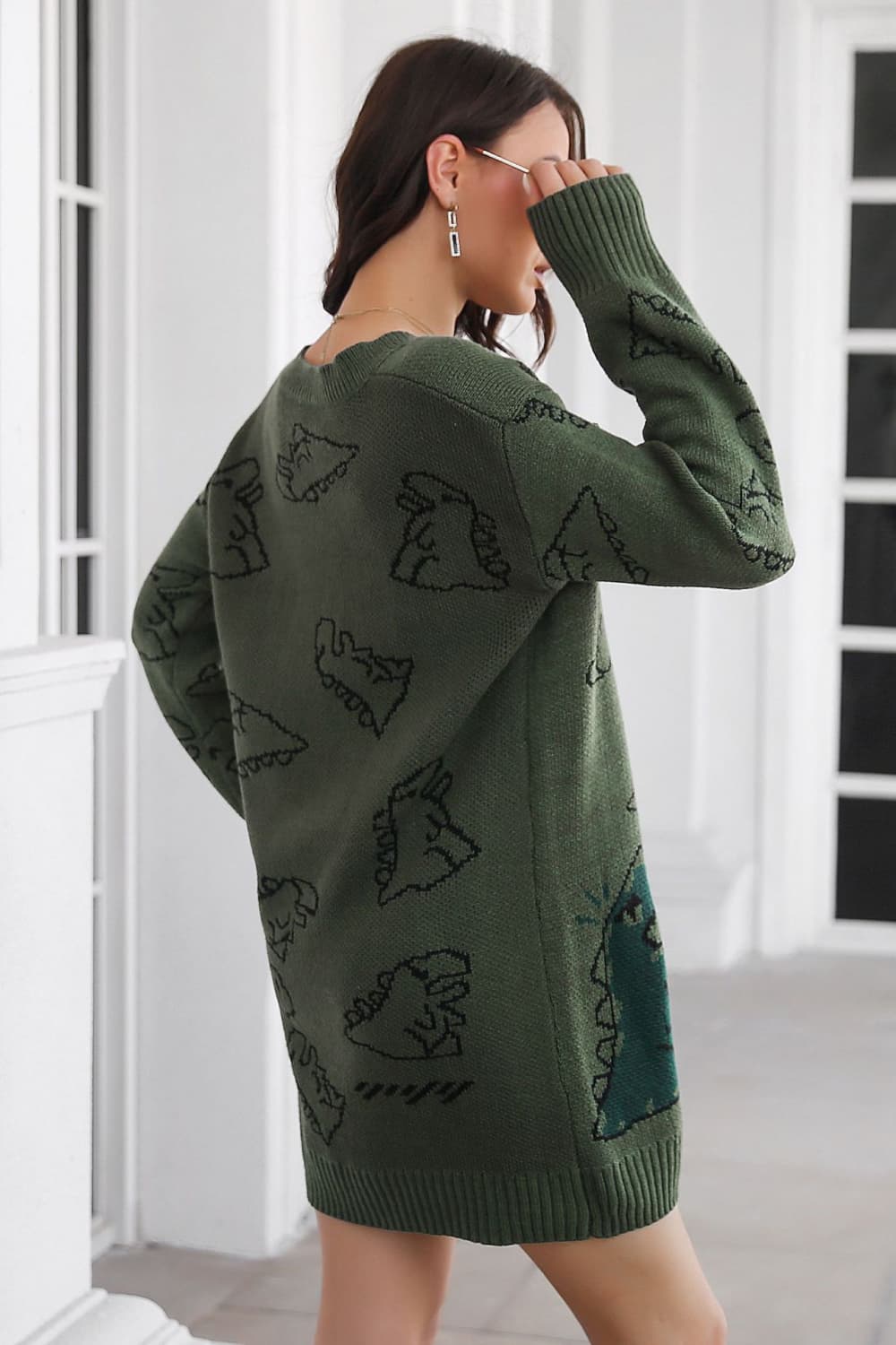 Dinosaur Pattern V-Neck Sweater Dress 99778e1323574d45b526e27da73f8beb-Max Glownestbest