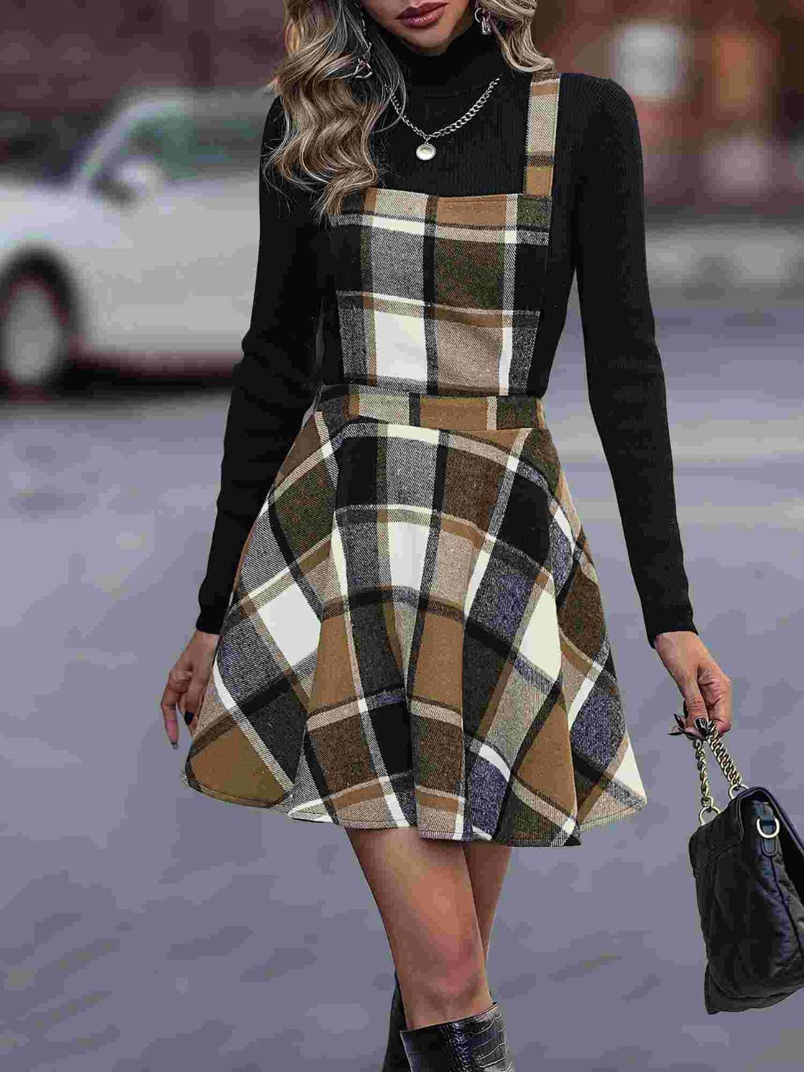 Crisscross Plaid Wide Strap Overall Dress Taupe 9982f147-fef3-4503-b70a-a9baef5414f2-Max Glownestbest