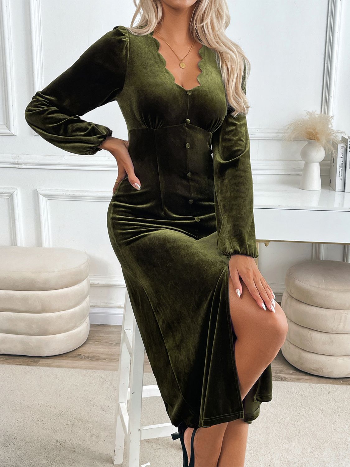 Perfee Slit V-Neck Long Sleeve Midi Dress 9983f60e-0c67-4846-847f-6dd0d20f19c5-Max Glownestbest