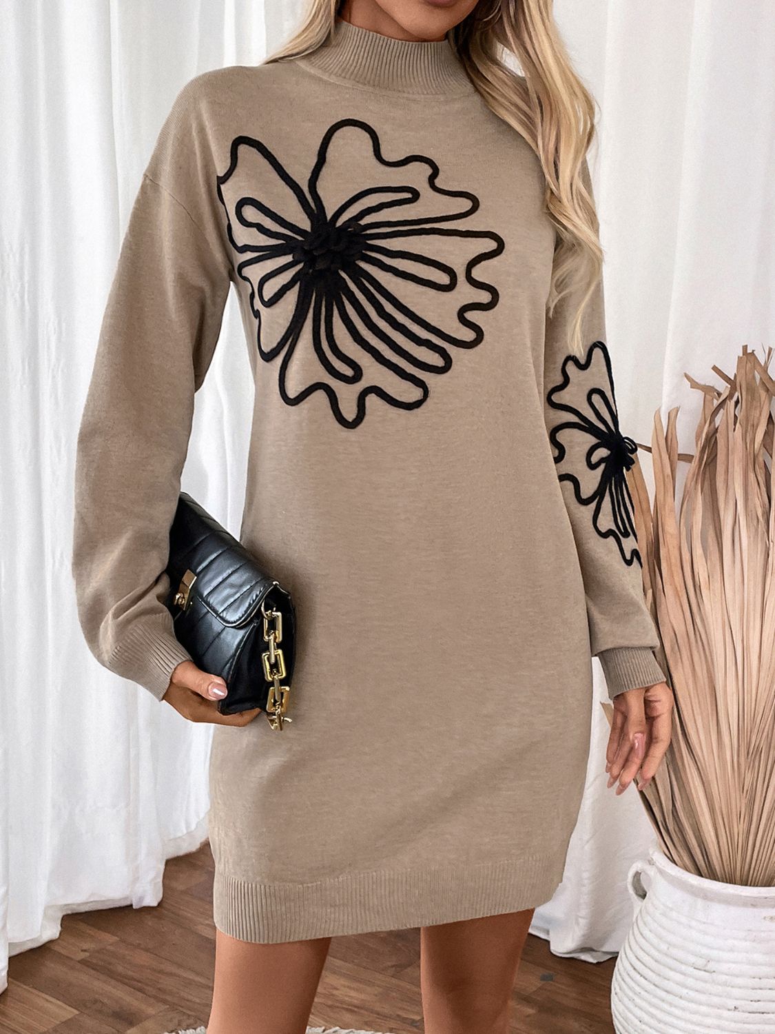 Perfee Flower Mock Neck Long Sleeve Sweater Dress 9a020189-4285-49be-a08b-0542ea2f5406-Max Glownestbest