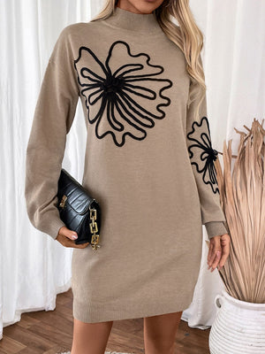 Perfee Flower Mock Neck Long Sleeve Sweater Dress 9a020189-4285-49be-a08b-0542ea2f5406-Max Glownestbest