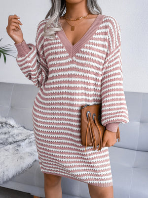 Striped V-Neck Long Sleeve Mini Sweater Dress 9a2bb72e-06f0-4a75-8621-021b3aad3a55-Max Glownestbest