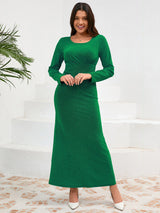 Ruched Round Neck Long Sleeve Dress Dark Green 9a6cfab6-0a13-4d88-a2cb-ac2a5fa38808-Max Glownestbest