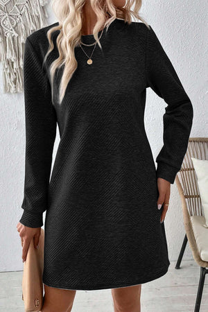 Textured Round Neck Long Sleeve Mini Dress Black 9b47c888-af9f-47e5-8f47-339dedefa261-Max Glownestbest