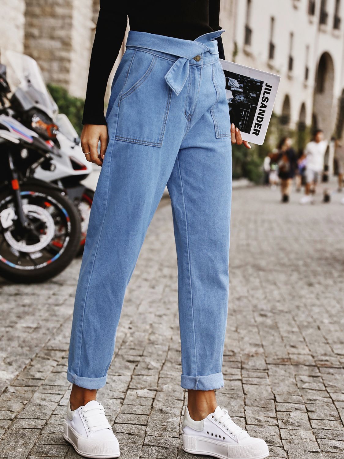 Tied Straight Jeans with Pockets 9b7f227d-74ec-42f7-970e-af6e78585974-Max Trendsi