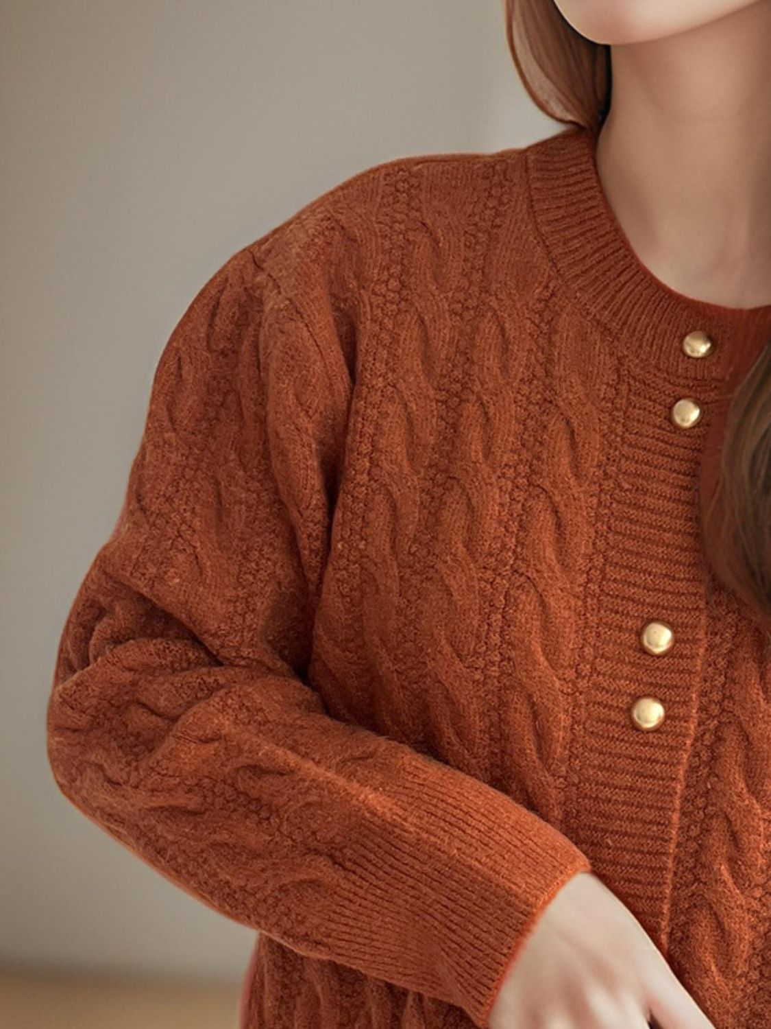 Cable-Knit Round Neck Long Sleeve Cardigan 9b90b683-821d-4c09-a344-e2d63139fd64-Max Glownestbest