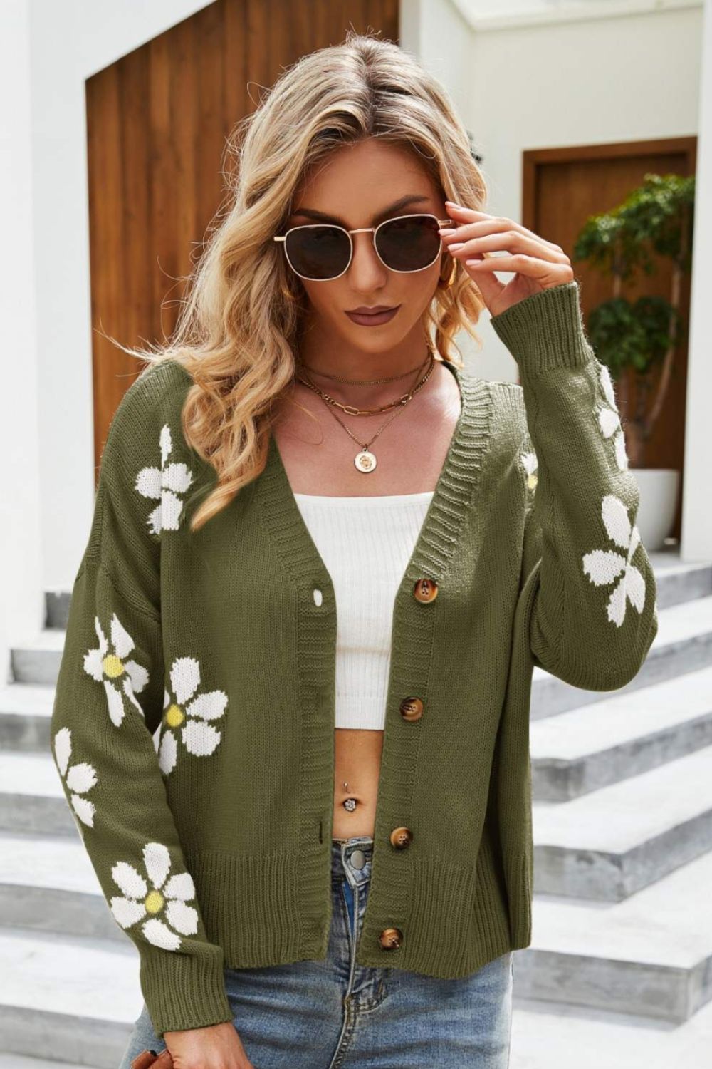 Floral Ribbed Trim Drop Shoulder Cardigan Green 9b9dd4e0a5c5457097101b99005c5e16-Max Glownestbest