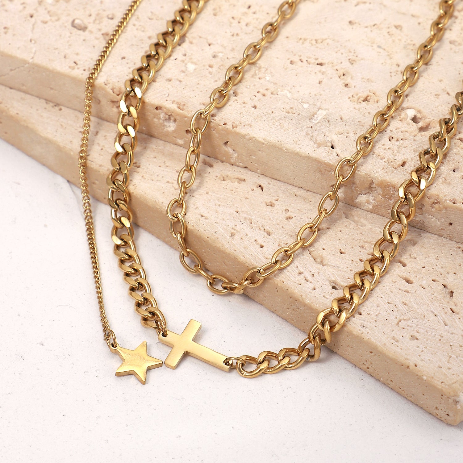 18K Gold Cross and Star Pendant Double Layer Necklace 9b9f876e-d4e3-4f82-849f-a4f8d1eff2f6 Artshiney
